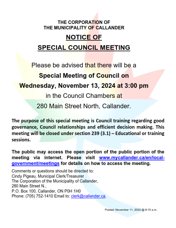 NOTICE OF  SPECIAL COUNCIL MEETING